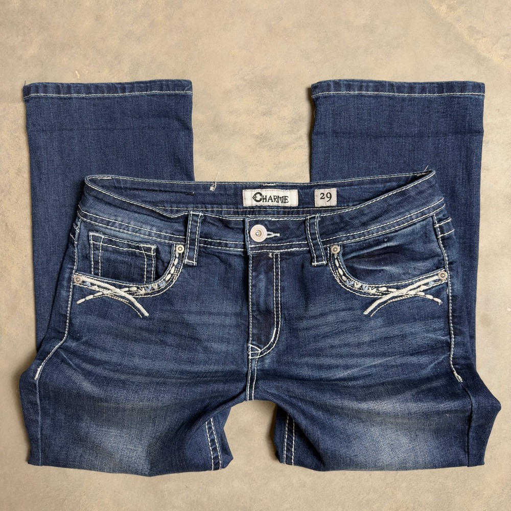 Charme Straight Leg Jean Women 29 Blue Western Embroidered Contrast Stitch Baggy
